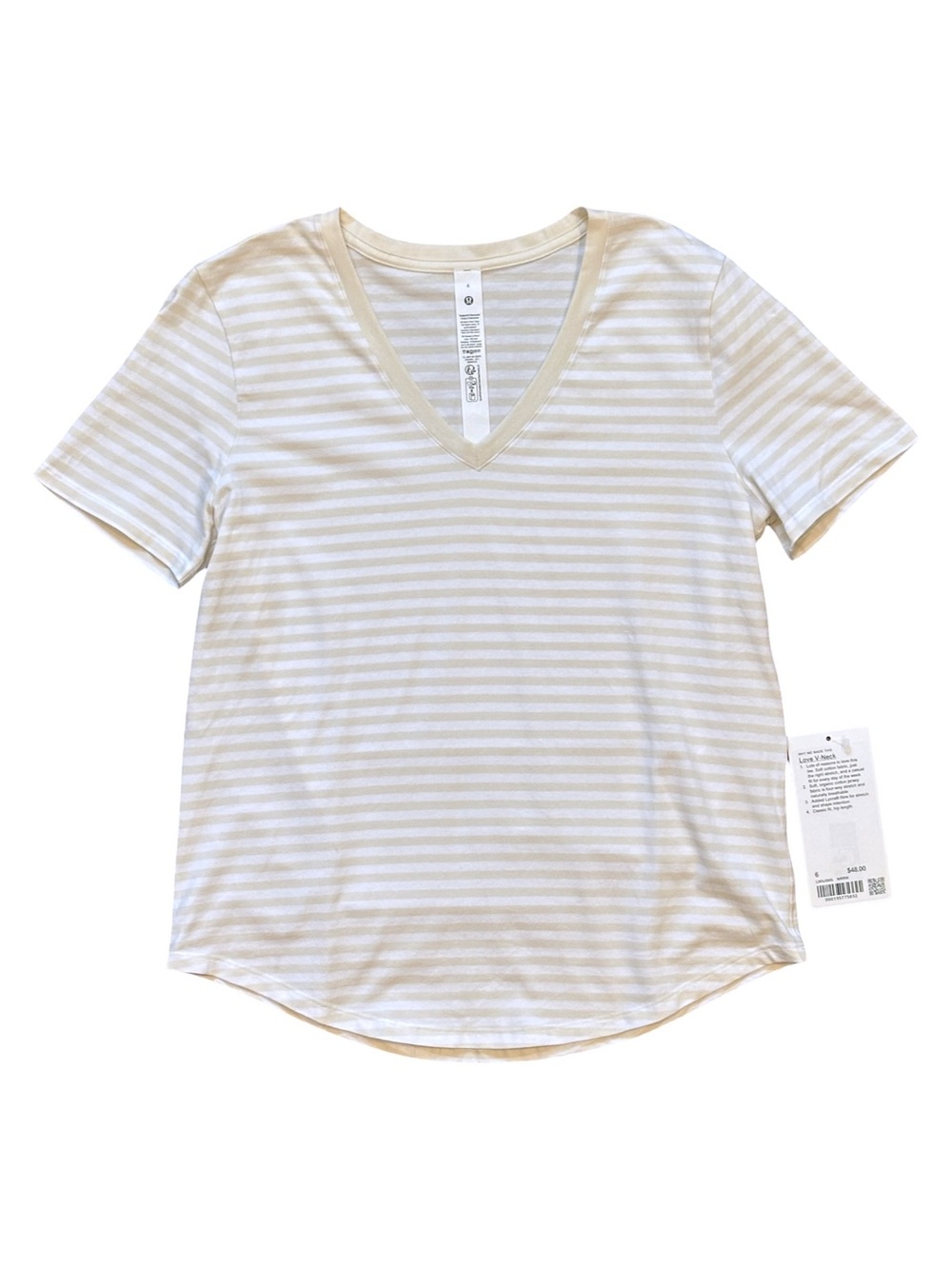 NWT Lululemon Love V-Neck Pima Cotton Curve Hem Tee W3JG6S Stripe Ivory/Tan 6
